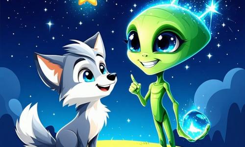 Lupoletto, un giovane lupo dai peli argentati e dagli occhi azzurri, si trova su un piccolo altopiano verde, con lo sguardo meravigliato verso il cielo stellato. La sua espressione è piena di curiosità mentre alza una zampa per indicare una stella particolarmente brillante. Accanto a lui, Zog, un extraterrestre amichevole dalla pelle verde brillante e dai grandi occhi scintillanti, sorride entusiasta, tenendo un piccolo dispositivo che proietta immagini delle stelle. Lumi, un altro extraterrestre dai colori vivaci e dalle antenne delicate, è seduto su una pietra, con gli occhi spalancati per l'ammirazione, mentre disegna costellazioni su un taccuino fluttuante. Il luogo è un paesaggio notturno da favola, con dolci colline, alberi dai tronchi dorati e un cielo pieno di stelle scintillanti, creando un'atmosfera magica e pacifica. La scena principale mostra Lupoletto e i suoi amici extraterrestri che condividono storie sotto le stelle, unendo le loro culture in un momento di scoperta e amicizia.