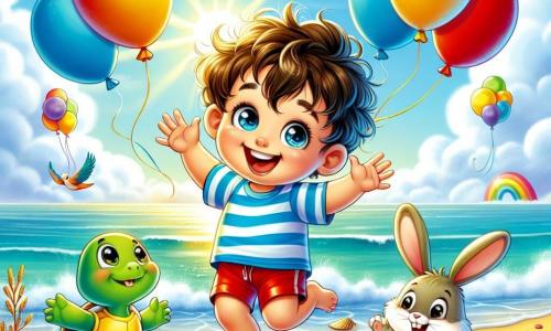 Um menino de 4 anos, Miguel, com cabelos castanhos bagunçados e olhos brilhantes de alegria, está pulando de felicidade na praia, cercado por balões coloridos. Ele usa uma camiseta listrada azul e um short vermelho, com um grande sorriso no rosto, mostrando sua empolgação pelo aniversário. Ao lado dele, uma tartaruga chamada Tita, com uma casca verde e olhos travessos, está na praia, sorrindo e levantando uma pata para cumprimentar Miguel. Um pássaro colorido, Bibi, com penas amarelas, azuis e vermelhas, voa acima deles, cantando alegremente. Um coelho travesso, Pipo, com grandes orelhas brancas e pelagem macia, está cavando na areia, a poucos passos de Miguel, pronto para construir um castelo de areia. A cena acontece em uma praia ensolarada, com ondas suaves lambendo a costa, conchas espalhadas na areia dourada e um céu azul brilhante com algumas nuvens brancas fofas. A situação principal mostra Miguel, Tita, Bibi e Pipo celebrando juntos seu aniversário, cantando e rindo, cercados por balões flutuantes e um grande bolo de chocolate decorado com velas, criando uma atmosfera festiva e mágica.