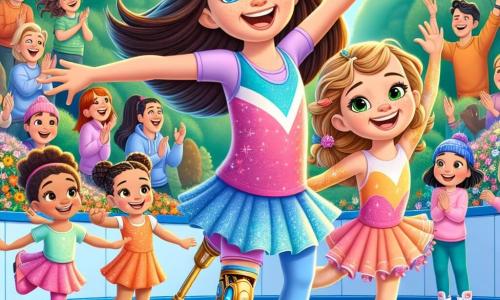 En el centro de la escena, Ana, una niña de seis años con largos cabellos castaños y una gran sonrisa, patina con gracia en una pista de patinaje. A su derecha, Lila, una niña de seis años con cabello rubio y una prótesis en la pierna, realiza un salto alegre, con sus ojos brillando de determinación. Al fondo, Carla, una niña de ocho años con cabello negro y trenzas, anima a sus amigas con una gran sonrisa, mientras que dos niñas mayores las observan con admiración. El lugar es un parque soleado, con árboles verdes y flores coloridas alrededor de la pista. El cielo es de un azul brillante y los pájaros vuelan alegremente sobre los niños. Espectadores, familias y amigos están sentados en bancos, aplaudiendo y sonriendo. La situación principal muestra a Ana y Lila animándose mutuamente para realizar un salto difícil, con sus rostros radiantes de alegría y emoción, mientras el público las aplaude entusiastamente.