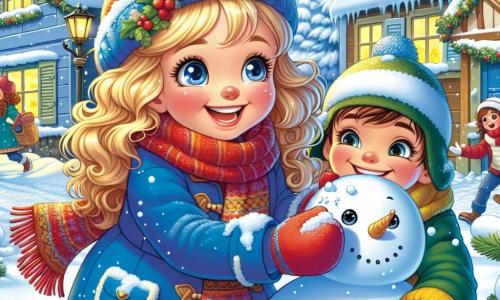 Een 11-jarig meisje, Sanne, met blond, krullend haar, draagt een rode sjaal en een felblauwe jas. Ze heeft sprankelende ogen van blijdschap en een brede glimlach terwijl ze een grote sneeuwpop bouwt, met lichtroze wangen door de kou. Naast haar staat haar beste vriend Tom, een 11-jarig jongetje met bruin haar en een bril, die lacht terwijl hij een sneeuwbal gooit. Hij draagt een groene muts en een gele jas en staat een beetje op de achtergrond, klaar om deel te nemen aan een sneeuwballengevecht. De omgeving is een charmant besneeuwd dorp, met houten huizen met met sneeuw bedekte daken, kerstbomen versierd met lichtjes en een helderblauwe lucht vol vallende sneeuwvlokken. De scène toont Sanne en Tom in actie, omringd door andere kinderen die zich vermaken in de sneeuw, wat een feestelijke en vrolijke sfeer creëert, vol met lachen en kameraadschap.
