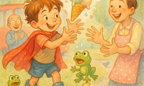 About a 7-year-old boy superhero with messy brown hair, a crumpled red cape, a mischievous smile and sparkling eyes, wearing shiny blue boots and catching three falling scoops of ice cream mid-air as pastel splashes fly around; beside him bounces Mr. Frog, a small bright green frog on a yellow spring, looking surprised; to the right a woman ice-cream vendor in her 30s with fair skin, hair in a bun and a pink polka-dot apron reaches for the recovered cones and laughs; behind them a bus driver in his 40s with round glasses stands near a parked red bus clapping; the scene is a warm, comic moment in a colorful city park with green lawn, round trees, a paved path and blurred gray pigeons on the sidewalks.