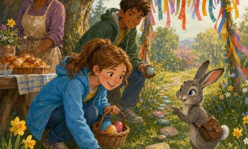 A joyful, wide-smiling 12-year-old girl with light brown ponytail and freckles, wearing a sky-blue jacket, holds a wicker basket of colored eggs and places a white striped stone beside a chalk arrow on the grass; her teasing but tender ~14-year-old brother with short brown hair and a green jacket stands behind her holding a speckled egg with slightly dirt-stained hands; their smiling ~38-year-old mother with hair tied back and a flour-dusted apron stands left by a picnic table with buns, watching kindly. A small anthropomorphic gray hare named Sprig with marble-blue eyes and a satchel stands on hind legs before the girl, mischievous and guiding. Morning park setting with green grass dotted with yellow daffodils, an old oak with colorful roots, ribbon garlands strung between two rakes forming an arch, and bright chalk arrows on stones and the path. Main scene: the girl discovers the decorated arch and follows a trail of eggs and small shiny pebbles leading to the 