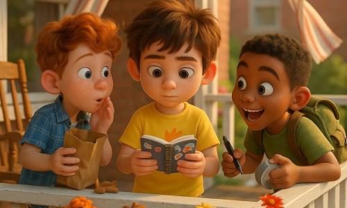 Three boys on a small white-painted wooden porch bathed in warm morning light: Milo, about 8, messy brown hair, bright yellow T‑shirt with a paint stain holding a small notebook labeled "SUPER SECRET PLANS" at the center, Jax, about 8, fair with curly red hair in a blue plaid shirt, to Milo's left with a crinkling brown paper bag slightly open, and Theo, about 8, mixed race with short black hair wearing an olive backpack to Milo's right leaning forward holding a black marker and tape; they are joyfully preparing a Father's Day surprise, Milo showing the notebook, Jax pulling noisy supplies from the bag, Theo ready to glue, animated expressions and gestures, colorful flower pots on the porch ledge, striped curtains blowing in the breeze and a blurred red brick house in the background.