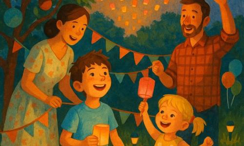 A radiant 10‑year‑old boy, Milo, with messy brown hair and freckles, wearing a sky‑blue T‑shirt and khaki shorts, holds a small glowing paper lantern and looks up smiling; his playful 6‑year‑old sister Zoe, with blonde pigtails in a yellow polka‑dot dress, holds his hand and waves a pink lantern to his left; their mother, about 35, with tied chestnut hair in a light floral dress, smiles and leans toward them holding a paper garland; their father, about 37, with a short beard and plaid shirt, sets lanterns afloat and watches tenderly to their right; they stand in a twilight garden with green lawn and a large apple tree hung with paper garlands and colorful balloons, while dozens of small colored paper lanterns form a glowing half‑circle 