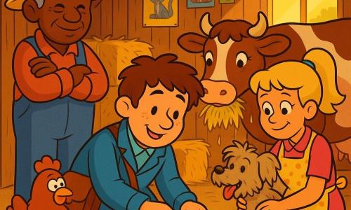 Dr. Charlie, a smiling, kind veterinarian with a round, freckled face and messy brown hair, kneels at the center of a warm wooden barn bandaging a small chick, while Old MacDonald, a tall elderly man in denim overalls and a straw hat, stands left by the barn door with arms crossed and a relieved look, and Mrs. Hazel, a woman in her thirties with a blonde ponytail and a polka-dot apron, kneels right holding Scruff, a scruffy little dog wagging his tail; Bessie, a large brown cow with white patches, chews hay in the background and Henrietta, a russet hen, leans close to the chick. Sunlight streams through a dusty window onto stacked hay bales and colorful posters on golden-brown plank walls; the scene is tender and calm, warm high-contrast colors in a 1990s cartoon style with thick black outlines and simple textures.