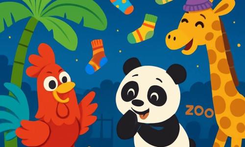 A bright red-feathered rooster with a mischievous look and sparkling eyes stands under a large banana tree, joyfully dancing with its legs raised, ready to play. Next to it, a black and white panda with a big smile is also preparing to play, wearing colorful polka-dotted socks and slightly leaning, ready to hide. A spotted giraffe with long legs, wearing a purple sock hat, laughs while trying not to drop its leaves. In the background, a starry night sky shines above a peaceful zoo, with soft shadows of animal enclosures. The scene depicts the rooster and its friends playing hide-and-seek, surrounded by colorful socks flying in the air, creating a joyful and fun atmosphere.