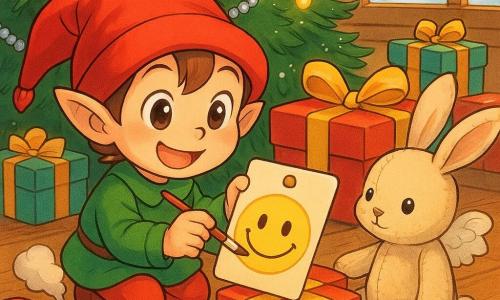 The main character is the Mischievous Elf: a small Christmas elf with round cheeks, an oversized red hat, jingling boots and a kind, playful smile, holding a tiny brush as he paints a bright smile on a tag attached to a gift box; secondary character Buttons is a small plush bunny seated beside the gift with visible stitches, shiny black button eyes, slightly worn cream fur and a gentle, amazed expression, one paw on the box guiding the elf; other secondaries include a small wooden toy train whistling on the floor, a paper angel doll with delicate wings watching, and a few stacked gifts that seem to 