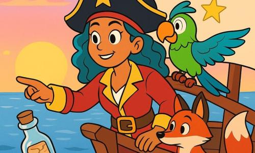 A female pirate captain with sea-colored wavy hair and adventure-sparkling eyes stands proudly at the bow of her ship, a determined smile on her face. Beside her, a cunning fox named Finn, with red fur and a curious look, attentively watches the sea from the ship's deck. A colorful parrot named Patch, with vibrant green and blue feathers, perches on the captain's shoulder, wings slightly spread. The ship, the Stardust Sloop, is a pirate vessel with bright sails decorated with twinkling stars, floating on a calm, shimmering sea under a clear blue sky. The main scene shows the moment when Captain Mira discovers a bottle floating in the water, with a mysterious map inside, as the sun sets on the horizon, painting the sky with pink and golden hues.