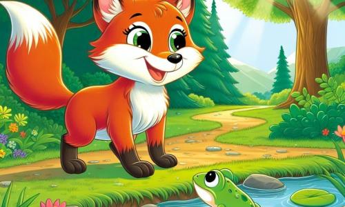 Een ondeugende vos genaamd Vicky, met een heldere oranje vacht en een pluizige staart, staat vrolijk aan de oever van een rivier, haar ogen sprankelend van nieuwsgierigheid. Ze glimlacht en kijkt naar een kleine groene kikker, die verloren en verdrietig op een steen bij het water zit. De kikker, met grote ronde ogen en een glanzende huid, kijkt omhoog naar Vicky in de hoop op hulp. Op de achtergrond is het bos weelderig, met majestueuze bomen met heldergroene bladeren en kleurrijke bloemen langs het pad. De zon straalt door de takken en creëert patronen van licht en schaduw op de grond. In deze scène is Vicky van plan de kikker te helpen haar weg terug te vinden, wat de vriendschap en solidariteit tussen de dieren illustreert.