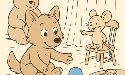 Een klein knuffelwolfje (hoofdpersonage) zit nieuwsgierig en blij met ronde ogen en opgeheven wenkbrauwen, reikt met een poot naar een blauwe bal die zachtjes van achter een licht golvende gordijn rolt; een kleine vriendenmuis staat op een stoel rechts en wijst naar het gordijn; een grotere knuffelbeer zit links op de achtergrond met gekruiste armen en een vriendelijke blik; kinderkamersetting met simpel gestructureerd vloerkleed, lage afgeronde salontafel, een stapel sokken en een omgevallen rieten mand; speelse, ontdekkende sfeer met expressieve houdingen en duidelijke vormen voor peuters.