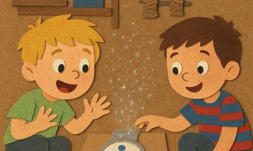Są dwaj chłopcy: Kuba (ok. 5 lat) z krótkimi brązowymi włosami, w niebiesko-czerwonym paskowanym t-shircie, siedzi po prawej i sięga ręką do niebieskiej kropki na srebrnym zegarku; Olek (ok. 5 lat) z blond potarganymi włosami, w jasnozielonym t-shircie, kuca po lewej z szerokim uśmiechem, ręce otwarte jakby chciał złapać iskierki. Scena dzieje się w przytulnym, zakurzonym garażu z drewnianą podłogą, półkami z kartonu i metalu, rozrzuconymi papierkami, sznurkami i żółtą lampą; materiały przypominają papier kraft, metalizowany papier dla tarczy i filcowe ubrania. Na dużym kartonie leży szeroki srebrny zegarek z trzema kolorowymi kropkami (niebieska, żółta, zielona); niebieska kropka świeci i wysyła drobne, przezroczyste iskierki jak „zimny ogień”, unoszące się wokół chłopców; na tarczy jest papierowy szyld z napisem TIK-TAK. Podróże tylko z uśmiechem, a oblicza dzieci są pełne zdumienia w momencie magicznego kontaktu z niebieską kropką.