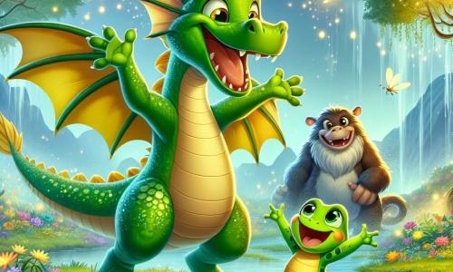 Um grande dragão verde com escamas brilhantes, olhos cintilantes e um sorriso amigável, está no centro da cena. Ele expressa alegria e excitação, com as asas abertas soltando faíscas de magia. Ao seu lado, um pequeno sapo chamado Tico, um garoto-rã com manchas amarelas e olhos brilhantes, salta de felicidade, com os braços levantados em sinal de vitória. Ao fundo, um grande monstro amigável, com pelagem suave e colorida, os observa com um sorriso caloroso, pronto para se juntar à celebração. O local é um pântano mágico, repleto de flores vibrantes, grandes árvores com folhas brilhantes e uma leve névoa flutuando sobre a água clara. Vagalumes dançam ao redor, adicionando um toque de magia à atmosfera. A cena principal mostra o dragão, Tico e o monstro celebrando juntos, cercados por animais do pântano, após quebrarem um antigo feitiço. Eles riem e dançam, simbolizando a amizade e a alegria reencontrada neste lugar encantador.