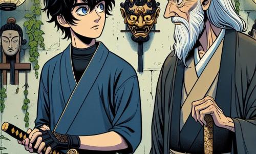 Raiden, um jovem de cerca de 16 anos, está no centro do palco, com cabelos negros desgrenhados e olhos azuis profundos, expressando determinação e preocupação. Ele usa uma túnica de linho azul escuro, adornada com padrões dourados, e segura firmemente a katana Shinkirō, cuja lâmina brilha sob a luz. Ao seu lado, Masaru, um velho de 70 anos, com uma longa barba branca e rugas marcadas pelo tempo, observa Raiden com um olhar sábio e preocupado. Ele está vestido com uma robe tradicional de tecido bege, segurando um bastão de madeira esculpido, e se mantém ligeiramente afastado, em uma postura protetora. A conversa ocorre em um templo antigo, com paredes de pedra cobertas de líquen verde, lanternas de papel penduradas que emitem uma luz suave. Estátuas de divindades japonesas, com rostos serenos, cercam o altar central, onde repousa a misteriosa máscara Tengu. A cena principal mostra Raiden diante de uma escolha crucial, hesitando entre a katana e a máscara, enquanto a sombra de Orochi parece se perfilar do lado de fora, criando uma atmosfera tensa e mística.