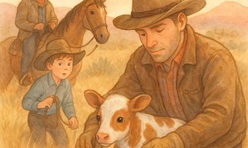 A man — Cody — kneels in the foreground, calm and focused, dusty brown clothes and cowboy hat, undoing a rusty wire from a small speckled brown-and-white calf with precise, reassuring hands; a boy — Pip, about 12 — stands left behind Cody, surprised but brave, holding a horse's rein and watching the herd; a mare — Juniper — stands close behind Cody, sturdy and brindled, saddle girth visible and ears alert; Boss Tanner sits a few meters back on his horse, broad-shouldered with a large belt buckle, watching with relief; the scene is a tender, quiet rescue in a golden morning meadow with tall swaying grasses, thorny bushes, light dust in the air and pink hills under a peachy-pink sky, soft dawn light and watercolor-like textures with white gel-pen highlights.