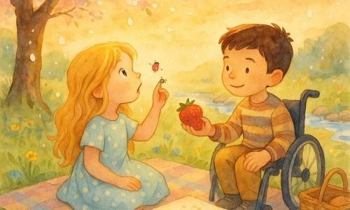 Sunt doi copii: Ana, fată de 6 ani, cu păr blond lung, ondulat și strălucitor, în rochie pastel cu buline albe, așezată pe o pătură în carouri lângă un cireș în floare, ținând o gărgăriță pe deget și privind uimită la cer; Matei, băiat de 6 ani, cu păr șaten scurt și zâmbet blând, în pulover în dungi, așezat față în față cu Ana pe aceeași pătură, o mână pe rotița mică a scaunului său cu rotile vizibil alături, oferindu-i o căpșună mare roșie. Locația: o poieniță primăvăratică scăldată în lumină aurie la apus, iarbă udă de rouă, flori mici galbene și albastre și petale albe de cireș care cad ușor; în fundal un pârâu limpede șerpuind peste pietre lucioase și un cer albastru cu benzi subțiri de nori argintii. Situația: un picnic blând sub cireș, copiii împart o căpșună și desenează împreună pe o foaie mare pe pătură; în jur sunt bucăți de foaie, câteva pietricele plate și un coș mic de sandwich-uri deschis; atmosferă dulce în culori pastelate, cu accente de acuarelă sugerând roua și petalele în zbor.