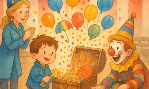 Een 4-jarig jongetje met ronde wangen en warrig bruin haar, in een blauw jasje en glanzende laarsjes, houdt een gouden sleutel en opent een houten kist waaruit confetti en kleurrijke ballonnen stromen. Links staat de circa 30-jarige dierentemster Lola, blond haar opgestoken, sterrenhoed, glimlachend en klappend; rechts hurkt de circa 35-jarige clown met geschminkt gezicht en grote rode neus, lachend en een rollende kleine rode neus oppakkend. Op een kist achter de kist zit het antropomorfe muisfiguurtje Meneer Muis met klein pak en pet, een donut etend. Het is binnen in een rood-wit gestreepte circustent met ocre piste, zachte verlichting en lichtslingers; het magische moment dat de oude kist een explosie van kleuren vrijgeeft — confetti als regen, zwevende ballonnen en een opengaande regenboogparaplu — iedereen lacht en applaudisseert.