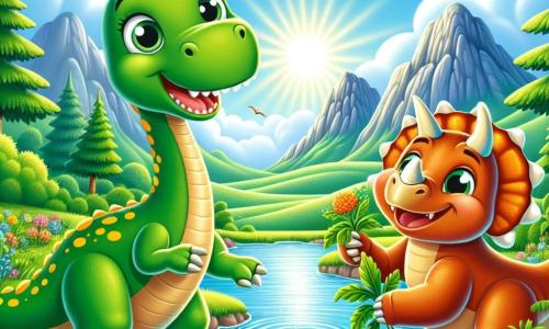 Un diplodocus llamado Dino, con un largo cuello y piel verde manchada de amarillo, se encuentra alegremente al borde de un arroyo centelleante, con sus grandes ojos brillando de felicidad al descubrir su nuevo entorno. A su lado, un triceratops llamado Trix, con tres cuernos afilados y piel naranja, sonríe ampliamente, mostrando las hojas verdes que ha encontrado, listo para compartir con su amigo. El escenario es un valle verde lleno de árboles gigantes con hojas exuberantes, flores coloridas y un cielo azul brillante salpicado de nubes blancas esponjosas. A lo lejos, majestuosas montañas se alzan, añadiendo un toque de grandeza a este paisaje idílico. La escena principal muestra a Dino y Trix, rodeados de naturaleza, celebrando su amistad y el descubrimiento de este nuevo lugar hermoso, donde pueden jugar y descansar juntos.