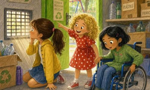 Hay tres niñas: Lucía (9 años), pelo castaño en coleta, ojos avellana, chaqueta amarilla y falda vaquera, sentada a la izquierda frente a la entrada del cuarto de basuras mirando por una pequeña rejilla; Marta (8 años), pelo rubio rizado, sonrisa amplia, vestido rojo con lunares blancos, de pie en el centro riendo y señalando la rejilla; Sofía (9 años), pelo negro corto, en silla de ruedas azul, blusa verde, a la derecha con la mano en la rueda mirando curiosa al suelo donde brilla una pequeña llave dorada. Lugar: cuarto de servicio limpio y colorido al fondo de un pequeño parque urbano, suelo de hormigón claro, puerta metálica abierta pintada color manzana, cajas de cartón y algunas botellas reciclables, rejilla rectangular que deja pasar un rayo de luz, árboles y columpio difuminados al fondo. Situación: las tres pequeñas detectives descubren un eco misterioso y encuentran la llave dorada junto a la rejilla; ambiente alegre, expresiones asombradas y cómplices, luz suave, estilo lápices de colores con trazos visibles y colores vivos.