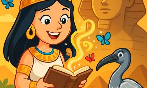 Nefertari, een Egyptische vrouw met lange zwarte glanzende haren, draagt een witte linnen jurk versierd met gouden motieven. Haar gezicht straalt met een stralende glimlach en haar ogen twinkelen van opwinding terwijl ze een oud stoffig boek in haar handen houdt. Naast haar staat een zilveren ibis met glinsterende veren trots, terwijl hij Nefertari nieuwsgierig aankijkt. Op de achtergrond staat een grote majestueuze sfinx, met mysterieuze ogen die naar de lucht staren, terwijl de ondergang van de zon de scène in gouden licht baadt. De belangrijkste situatie toont Nefertari die een magische formule uitspreekt, omringd door kleurrijke vlinders die om haar heen dansen, terwijl piramides aan de horizon verschijnen, wat een sfeer van avontuur en mysterie creëert.