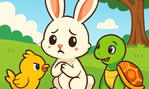 Un coniglietto bianco di nome Timmy, con grandi orecchie morbide e occhi brillanti, si trova al centro dell'immagine, con un'espressione triste e preoccupata. Alla sua destra, una tartaruga verde di nome Tina, con un guscio colorato e un sorriso rassicurante, lo osserva con compassione, pronta ad aiutarlo. A sinistra, un uccellino giallo di nome Pino, con piume brillanti e uno sguardo determinato, si avvicina per sostenere il suo amico. Il contesto è un bel prato verde, disseminato di fiori colorati, sotto un cielo azzurro con alcune nuvole soffici. Sullo sfondo si vede un grande albero con rami estesi, che offre ombra. La scena principale mostra Timmy che parla con i suoi amici, Tina e Pino, mentre discutono su come affrontare le parole dolorose degli altri conigli online, creando un'atmosfera di sostegno e amicizia.