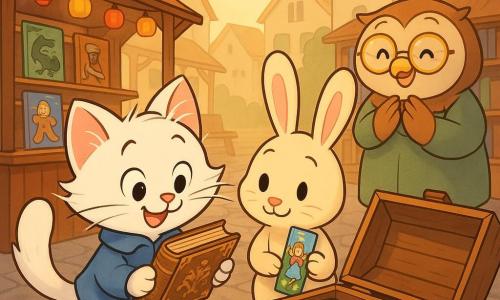 Piumino, un gattino detective dal pelo bianco e morbido, lunghi baffi e piccolo cappottino blu, guarda concentrato e gioioso un vecchio libro decorato tenuto con cura davanti a un antico baule di legno aperto; Fiocco, un coniglietto dalle lunghe orecchie rosa e pelliccia crema, sorride timidamente e tiene un segnalibro colorato con una fata, leggermente inclinato verso il baule; la signora Civetta, anziana libraia tonda con occhiali dorati, appare sollevata ed emozionata con le mani al petto vicino a uno scaffale sullo sfondo; il mercato dei libri è un vicolo lastricato con bancarelle di legno, locandine colorate e lanterne, e sullo sfondo case a forma di libri; scena principale: i personaggi scoprono con gioia il baule pieno di volumi dimenticati illuminati da una luce dorata che rende l'atmosfera calda e magica.