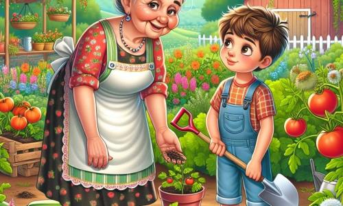 Una donna anziana, Nonna Rosa, sorridente e piena di vita, si trova al centro dell'immagine. Ha i capelli grigi raccolti, indossa un grembiule colorato e stivali di gomma. I suoi occhi brillano di gioia mentre mostra a un giovane ragazzo, Luca, come prendersi cura delle piante. Luca, un bambino di circa 8 anni, è accanto a lei, con i capelli castani spettinati e un'espressione meravigliata sul volto. Indossa una camicia a quadri e un pantaloncino, tenendo una piccola pala tra le mani, pronto ad aiutare Nonna Rosa in giardino. La scena si svolge in un giardino lussureggiante, pieno di verdure colorate come pomodori rossi, zucchine verdi e carote arancioni. Sullo sfondo si intravede un piccolo fienile di legno e fiori selvatici che danzano al vento. In questa illustrazione, Nonna Rosa e Luca stanno piantando semi di pomodoro, circondati da una vegetazione splendente, simboleggiando la magia della natura e la gioia di lavorare insieme in fattoria.
