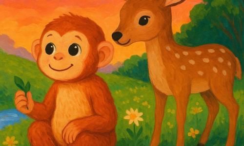 Un piccolo scimmietto furbo e dolce, seduto con pelliccia ruggine e crema molto texturizzata, occhi grandi e brillanti e sorriso tenero, tiene una piccola foglia e guarda l'orizzonte; accanto a lui un piccolo cervo marrone chiaro a macchie crema, sguardo calmo e protettivo, zampe sottili ed eleganti, posizione leggermente dietro il lato destro; intorno una collina erbosa fiorita con grandi margherite bianche e gialle, a sinistra un ruscello scintillante, a destra un boschetto di alberi verdi; cielo al tramonto sfumato arancio, rosa e viola, atmosfera di amicizia e pace, colori caldi, stile gouache infantile con bordi morbidi e tocchi di pittura visibili.