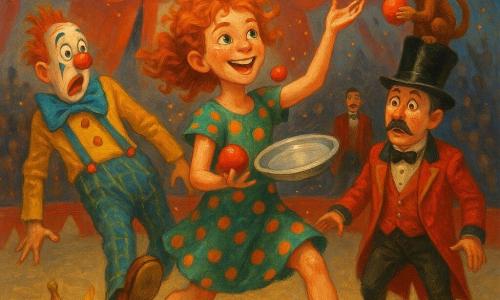 A confident 12-year-old redheaded girl with freckles and sparkling green eyes, in a polka-dot dress and worn sneakers, juggles red balls and a silver pie tin with a broad smile; to her left Mr. Bumbles, a tall skinny 40-ish clown with colorful makeup, shiny red nose and oversized shoes, slips comically on a banana peel; a mischievous small brown monkey clings to the ringmaster's top hat holding a ball while watching; the ringmaster, about 50, in a red tailcoat and top hat, looks surprised near the center ring; the huge red-and-white striped big top glows with warm lights and floating glitter and filled stands; the scene captures joyful chaotic success as the girl improvises with the pie, the clown adds antics and the monkey snatches the ball—dynamic composition, bright saturated colors, textured childlike acrylic style, warm humorous atmosphere.