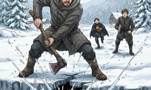 Hombre adulto (Einar) de rostro resuelto y ojos brillantes por miedo contenido, cabello castaño despeinado y barba corta, abrigo gris empapado, golpea el borde de un puente de hielo con un hacha de madera gastada mientras fragmentos de hielo y gotas de agua vuelan; adolescente (Leif, ≈15) con expresión aterrada pero decidida, túnica oscura y capa, corre por un sendero nevado llevando un pequeño cilindro de madera contra el pecho; joven (Runi, ≈20) con pecas, manos tensas sobre una soga enrollada, vacila en la orilla opuesta mirando a Einar; lugar: río helado en un valle nórdico con hielo agrietado negro, orillas de nieve, abetos escarchados y casas de madera a lo lejos bajo un cielo invernal pálido; situación: momento dramático en que el puente de hielo se rompe bajo Einar, trozos de hielo estallan en radial, agua oscura brota, atmósfera tensa y heroica, fuerte contraste entre el blanco frío y toques cálidos de sangre y fuego distante.
