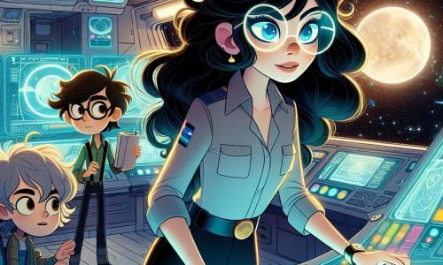 Al centro dell'immagine, Luna, una giovane donna coraggiosa di circa 25 anni, è in piedi sul ponte della nave spaziale "Stella Nova". Ha lunghi capelli neri che fluttuano come lo spazio intorno a lei e occhi brillanti, pieni di determinazione. Il suo volto esprime una concentrazione intensa mentre manovra comandi olografici, circondata da luci vivaci e pulsanti colorati. Alla sua destra, un giovane uomo di nome Leo, di 30 anni, è chinato su uno schermo di controllo. Ha capelli castani disordinati e indossa occhiali tondi che gli conferiscono un'aria intelligente. Guarda Luna con ammirazione, pronto ad aiutarla in questa situazione delicata. A sinistra, una donna di nome Mira, di 28 anni, osserva le stelle attraverso una grande finestra panoramica. Ha capelli biondi corti e un sorriso rassicurante, e tiene un taccuino in mano, pronta a registrare le scoperte. L'ambiente è l'interno futuristico della nave spaziale, con muri argentati e luci al neon scintillanti. Gli schermi mostrano mappe stellari e dati in tempo reale, mentre stelle scintillanti sono visibili attraverso le finestre. La situazione principale mostra Luna e il suo equipaggio che navigano attraverso una tempesta spaziale, con lampi di energia colorati che illuminano lo spazio intorno a loro. L'espressione di Luna è determinata mentre cerca una soluzione per riportare il suo equipaggio in sicurezza.