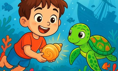 Un niño de 6 años, con cabello castaño alborotado y ojos llenos de curiosidad, nada alegremente bajo el agua, sosteniendo una concha brillante en sus manos. Su rostro irradia emoción y asombro mientras explora un fascinante mundo submarino. A su lado, una tortuga marina llamada Marina, con un caparazón verde adornado con patrones coloridos, se desliza lentamente en el agua clara, observando al niño con ojos sabios y amistosos. Parece feliz de compartir esta aventura. El escenario es un jardín submarino encantador, lleno de corales vibrantes de colores brillantes, peces multicolores nadando alrededor y rayos de luz filtrándose a través de la superficie del agua, creando una atmósfera mágica y relajante. La situación principal muestra al niño y a Marina descubriendo un antiguo naufragio, rodeado de algas y criaturas marinas curiosas que se acercan, mientras exploran juntos este tesoro escondido, llenos de asombro y alegría.