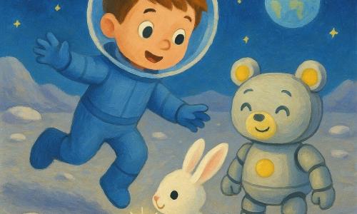 A warm, joyful meeting on the Moon: Max, an about-8-year-old boy with short brown hair, big amazed eyes and a gentle smile, in a small blue spacesuit, slightly jumping and reaching out on the gray dusty surface; to his right Astor, a small teddy-bear–shaped robot in matte silver with yellow accents, blinking happily; in front a small white lunar rabbit with long translucent ears and fluffy fur offers a shiny moon pebble as a gift; pale blue Earth on the horizon, white round rocks and low hills under a deep starry sky, silver light, soft reflections, pastel palette, visible brushstrokes, rounded simple shapes suitable for young children.