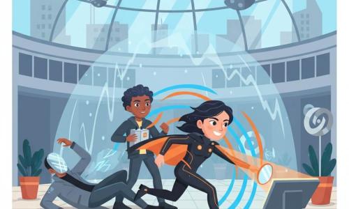 Heroine Nova Quill, confident and focused with a determined smile, in a black outfit with glowing orange solar lines and a small shimmering solar cape, runs forward and places her hand on a device to disable a machine; behind her, Piko, a ~13-year-old visitor with copper skin and starry hair, awed but tense, holds a small silver box emitting curved ribbons of light that form a tunnel stabilizing Nova; to the left a masked thug in a gray jacket and mirrored mask is thrown backward by a pulse of light. The scene is a city courtyard before a government building with light paving, rotating recycled-metal sculptures, planted boxes, floating round drones and sunlight filtered by a glass dome; a wavering distortion dome is collapsing while Nova uses her cape and a small mirror to direct a beam and neutralize a ground device, in a dynamic diagonal composition with vivid contrasting colors (sky blue, solar orange, steel).
