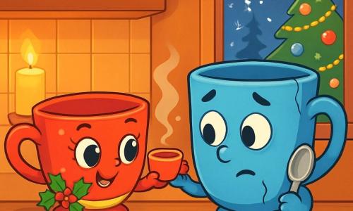 A small red teacup named Ruby, with holly patterns and a sparkling gold ribbon, sits on a wooden shelf. She has sparkling eyes and a warm smile, curiously and joyfully looking at a large blue mug named Porcelain Pete, who has a crack on the side and a shy expression. Pete, with a hesitant yet amazed look, stands next to Ruby, holding a small metal spoon. The scene takes place in a cozy kitchen, illuminated by strings of golden lights and flickering candles, with a large Christmas tree decorated with colorful baubles and sparkling garlands visible through the window. Snow gently falls outside, creating a fairy-tale landscape. Ruby offers a small cup of hot chocolate to Pete, sharing a moment of tenderness and reconciliation, while snowflakes dance through the window, adding a magical touch to this sweet Christmas evening.