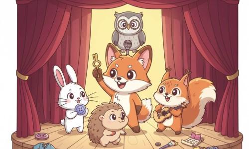 A young anthropomorphic fox with bright eyes and a mischievous smile, shiny red fur with white markings, holding a small brass key triumphantly on a polished wooden stage; a small white rabbit with straight whiskers and long ears, curious and joyful, holding a shiny button to the fox’s left; a red squirrel with excited round eyes and a bushy plume tail, applauding while holding a miniature guitar to the right; a light-brown hedgehog with painted paws and a focused but happy face, crouched at the front watching the key; a gray owl with round glasses and a relieved, kindly expression perched on a microphone in the background; setting: open burgundy velvet curtain, warm backlighting, scattered colorful props (costumes, brushes, sheet music); scene: small investigators celebrating finding a key after a clue hunt, joyful triumphant mood, centered composition, soft colors with clear contrast, minimalist kawaii style, subtle shadows and smooth textures.