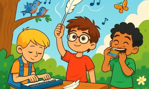 There are three characters: Max, a 10-year-old boy with messy brown hair and round glasses, wearing a bright red t-shirt and blue shorts, standing in the center holding a feather with a determined look. Ben, also 10, has smooth blonde hair, wearing a checkered vest and beige pants, is to the left of Max, focused on a small keyboard. Charlie, also 10, has curly black hair, dressed in a green t-shirt and orange shorts, is to the right of Max, playing the harmonica with a big smile and sparkling eyes. The setting is a sunny garden filled with colorful flowers and a large oak tree. A wooden table in the center holds a light feather gently floating in the air. In the background, birds sing and butterflies flutter around the children. The main scene shows the three friends playing music together, creating a joyful melody that makes the feather dance in the air, their faces filled with enthusiasm and camaraderie.