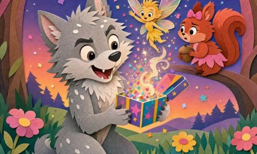 A joyful, curious werewolf with fluffy light-gray fur and white patches, big round eyes, excited furrowed brows, pointy ears and a mischievous smile leans forward holding a small sparkling colorful box; behind him on a branch sits Bella the squirrel—female, bright red fur, alert eyes—watching worriedly while holding a hazelnut; above the box floats Ziggy the tiny fairy with translucent rainbow wings and a golden body, smiling and scattering sparks. Setting: a colorful meadow at dusk with layered paper-like grasses, pink and yellow layered flowers, candy-colored trees with textured trunks and an orange-to-blue gradient sky. Moment: the werewolf has just opened the box, releasing confetti and shimmering smoke; the three are surrounded by falling glitter, their expressions a mix of surprise and joy, in a warm centered composition with vivid colors, crisp outlines and soft light from the upper-left.