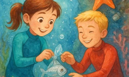 A joyful, focused 10-year-old girl with brown hair in a ponytail wearing a turquoise wetsuit gently holds a small silver fish caught in a plastic knot, while an about 11-year-old boy, Tom, smiling and brave with short blond hair in a red wetsuit, stands slightly behind and to her right untying the plastic; a bright orange starfish clings to a nearby rock wall above and behind them with a small pearly shell in a crevice, all inside an underwater cave lit by bluish rays, pink coral walls, green seaweed, rising translucent bubbles, showing the fish rescue and discovery of a shiny pearl in a tender, adventurous scene rendered in a soft watercolor palette with light splashes to convey water movement.