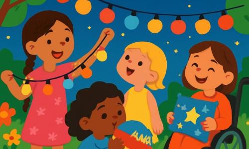 Hay 4 niños: - Leila: una niña de 8 años, con largas trenzas de cabello castaño, vestida con un vestido rosa con flores. Está de pie, sonriendo, sosteniendo una guirnalda luminosa. - Fatima: una niña de 7 años, con cabello rizado negro, vestida con una túnica azul. Está sentada en el suelo, inflando un globo colorido. - Sara: una niña de 6 años, con cabello rubio corto, vestida con un vestido amarillo. Está de pie al lado de Leila, mirando al cielo con asombro. - Amina: una niña de 9 años, con cabello castaño, sentada en una silla de ruedas, sonriendo, sosteniendo un cojín decorado con motivos estrellados. El lugar es un jardín encantador, lleno de flores brillantes, luces centelleantes y cojines coloridos sobre la hierba verde. El cielo es de un azul profundo, salpicado de estrellas brillantes, y una suave brisa hace bailar las hojas de los árboles. La situación principal muestra a las cuatro amigas reunidas para celebrar el inicio del Ramadán. Decorando el jardín con guirnaldas luminosas, globos coloridos y cojines, mientras ríen y bailan bajo las estrellas, creando una atmósfera alegre y mágica.