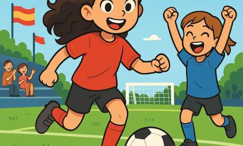 Una joven, Valeria, de unos 12 años, está en el centro de la imagen, con cabello largo y rizado, vistiendo una camiseta de fútbol roja y un pantalón corto negro. Muestra una gran sonrisa de alegría y determinación, con los ojos brillantes de emoción, mientras se prepara para chutar a portería en el campo. A su derecha, su mejor amiga, Sofía, también de 12 años, tiene el cabello corto y lleva una camiseta azul. La anima con gestos entusiastas, con los brazos levantados, mostrando su apoyo. El fondo es un hermoso césped verde, con líneas blancas que marcan el campo de fútbol. Al fondo, espectadores aplauden, hay banderas ondeando y el cielo es de un azul brillante, salpicado de algunas nubes blancas. La escena principal muestra a Valeria en plena acción, lista para marcar un gol decisivo en un partido importante, ilustrando su sueño de convertirse en una gran jugadora de fútbol.
