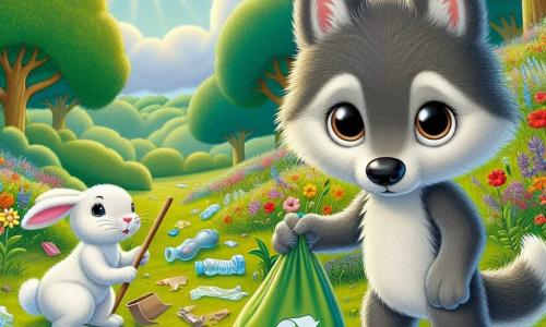 An illustration depicts a small wolf with soft, fluffy gray fur and large, bright, curious eyes, expressing determination and joy. It is picking up litter in a sunny, beautiful meadow surrounded by colorful flowers and majestic trees. Next to it, a small white rabbit with large upright ears, looking concerned yet hopeful, enthusiastically bends down to pick up pieces of plastic. A brown badger with a serious but friendly expression observes the scene while holding a recycling bag, ready to collect the waste. The main setting is a lush green meadow dotted with vibrant flowers under a clear blue sky, with sunlight illuminating the landscape. The scene shows the small wolf and its friends cleaning their environment, collecting trash to make their meadow clean and beautiful. They work together enthusiastically, highlighting the importance of caring for nature. Additional elements include scattered pieces of plastic and paper, colorful recycling bags nearby, and birds singing in the trees, adding a touch of life and joy to this scene of camaraderie and environmental protection.