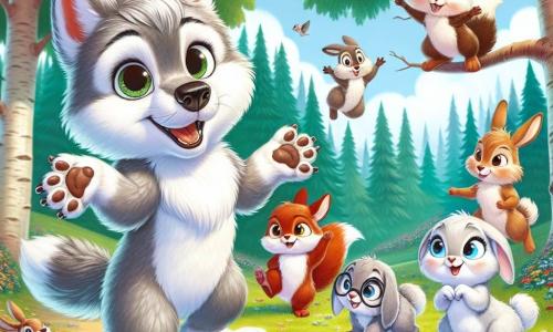 An illustration depicts a small silver-furred wolf with large bright eyes and a warm smile, standing in the center of a sunny clearing with a determined and joyful expression. Next to him, a brown squirrel with sparkling eyes jumps for joy on a low branch, grinning widely. Further away, a group of rabbits with varied fur, one white with black spots and the other light brown, look on with curiosity and a hint of hesitation, their faces showing a mix of hope and excitement. The main setting is a sunlit clearing surrounded by majestic trees with vibrant green leaves and colorful flowers scattered on the ground, creating a cheerful and welcoming atmosphere. The scene shows the little wolf encouraging the other animals to gather and share their stories, celebrating their differences with laughter and applause in the air. Additional elements include flower garlands hanging between the trees, playful animals, and a clear blue sky dotted with fluffy white clouds, symbolizing harmony and friendship.