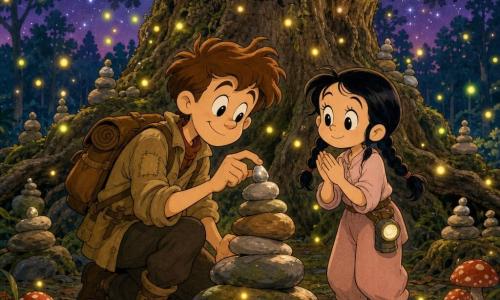 Um explorador sorridente de cabelos castanhos desgrenhados, jaqueta cáqui gasta e mochila de lona marrom, coloca delicadamente uma pequena pedra prateada sobre um cairn; ao lado direito, Lila, uma menina de cerca de 9 anos com trança negra e lanterna na cintura, aplaude com admiração. Eles estão numa grande clareira noturna dominada por uma árvore enorme de tronco largo e rugoso, com raízes formando bancos e cairns ao redor; o solo é coberto de musgo verde e algumas folhas úmidas, com poucos cogumelos vermelhos na borda. Milhares de vaga-lumes amarelos e verdes criam um halo quente e poético, céu crepuscular violeta e silhuetas de árvores azuladas ao fundo. Cena centrada e cerimonial — juntos adicionam uma pedra ao "árvore das memórias" — iluminação suave dos vaga-lumes, estilo visual cartoony vintage com traços arredondados, cores saturadas porém pastéis, texturas simples e atmosfera mágica e acolhedora.