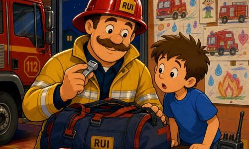 Homem adulto chamado Rui, expressão calma e benevolente, rosto redondo com grande bigode curvado no sorriso, pele clara, olhos suaves; veste capacete vermelho brilhante e jaqueta de bombeiro amarela com faixas refletoras, verifica uma pesada bolsa e segura um apito prateado entre os dedos; menino de cerca de 8 anos, cabelo castanho curto e desgrenhado, olhar curioso e maravilhado, veste camiseta azul e está ao lado de Rui inclinando a cabeça como se perguntasse; ao fundo um quadro na parede com desenhos infantis de caminhões vermelhos, gotas de água azuis e corações rosa sobre um muro de tijolos laranja; interior da estação de bombeiros com chão de ladrilho vermelho escuro, grandes portas metálicas abertas deixando entrar uma luz noturna, lâmpadas halógenas penduradas e um caminhão vermelho brilhante à esquerda; situação de preparação para saída, luz do corredor pisca uma vez, atmosfera serena e dinâmica, acessórios (capacete, luvas, lanterna, rádio) sobre uma mesa de madeira em primeiro plano; estilo: tons quentes saturados, contornos pretos grossos, texturas suaves de desenho animado anos 90, composição centrada e legível para crianças.