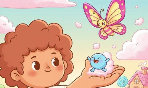 Guga, o gigante sorridente e benevolente de pele caramelo, estende a mão aberta enquanto solta nuvens de algodão doce rosa; Pipo, criatura redonda tipo marshmallow azul, pula na palma aplaudindo com a boca em "O"; Dona Borboleta Listrada, grande e colorida com asas translúcidas magenta e amarelas, voa sobre a mão; o céu está cheio de nuvens de algodão doce rosa e branco, algumas caindo como doces, e a cena numa colina açucarada — grama verde brilhante, árvores-pirulito e uma casa de biscoito ao fundo sob o pôr do sol suave — mostra as nuvens voltando ao céu num gesto amigável, de clima festivo e sereno, em tons pastéis e textura suave.
