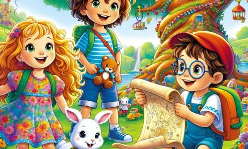 In un magnifico paesaggio della Radura dei Giocattoli, quattro bambini avventurosi sono insieme. **Mia** è una ragazza di 8 anni con lunghi capelli biondi e ricci, indossa un vestito colorato a fiori e sorride felice tenendo un mazzo di fiori multicolori. **Luca** è un ragazzo di 9 anni con occhiali rotondi e capelli castani disordinati, si piega in avanti esaminando una mappa antica con espressione curiosa. **Sara** è una ragazza di 7 anni con capelli castani e frangia, indossa una maglietta blu e pantaloni corti, guarda il coniglio Nuvola con occhi meravigliati, pronta ad aiutarlo. **Tommi** è un ragazzo di 8 anni con capelli biondi corti e un cappellino rosso, salta di gioia con le braccia alzate, esprimendo il suo entusiasmo per l'avventura. Lo sfondo è un prato verde pieno di giocattoli colorati: orsi di peluche, palloni volanti e macchinine. Al centro, un grande albero con rami intrecciati crea un'atmosfera magica. I bambini stanno risolvendo un'ultima enigma con Nuvola, il piccolo coniglio bianco, che li guarda con speranza. L'atmosfera è gioiosa e piena di colori vivaci, catturando lo spirito di avventura e amicizia.
