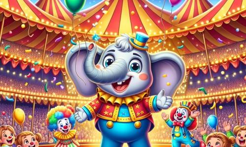 Benny, um adorável elefante com o corpo de um elefante e grandes orelhas de coelho, está no centro da cena, sorrindo com olhos brilhantes de excitação, enquanto faz malabarismos com balões coloridos que flutuam ao seu redor. Ao seu lado, a Palhaça Risadinha, uma alegre palhaça com um nariz vermelho e cabelos cacheados multicoloridos, ri alto enquanto lança confetes no ar, criando uma atmosfera festiva. Ao fundo, o circo Estelar é lindamente decorado com grandes tendas listradas de vermelho e amarelo, luzes cintilantes e estrelas brilhantes em um céu noturno, enquanto crianças maravilhadas aplaudem e riem ao redor. A cena principal mostra Benny e Risadinha em plena performance, cativando o público com sua magia e alegria, criando uma atmosfera de felicidade e encanto no coração do circo.