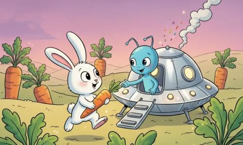 Binky, un pequeño conejo blanco antropomórfico de orejas grandes y flexibles, ojos redondos y brillantes y expresión maravillada, sostiene una gran zanahoria naranja luminosa y salta ligeramente; Zog, un extraterrestre pequeño y azul con dos antenas finas y ojos almendrados amistosos, sonríe y extiende la mano desde la rampa de una pequeña nave espacial plateada de aire retro posada en el campo. Alrededor, zanahorias gigantes con hojas verdes exuberantes emiten un suave resplandor formando un campo ondulado bajo un cielo crepuscular violeta y rosa. La nave, redonda y brillante con ventanillas iluminadas, suelta un humo tenue y chispas de colores. Escena: encuentro amistoso en un campo de zanahorias mágicas al atardecer, ambiente cálido, colores vivos y contornos suaves, composición centrada en el intercambio entre Binky y Zog.