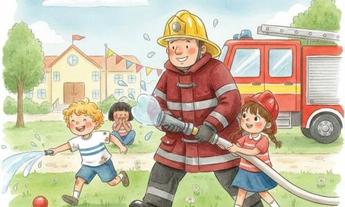 Un bombero sonriente y tranquilizador, rostro redondo, casco amarillo brillante y chaqueta roja con bandas reflectantes, mostrando una gran manguera sostenida con ambas manos; gotas de agua y vapor alrededor. A su derecha, una niña de unos 8 años con coletas y casco de papel rojo sostiene la manguera con él; a la izquierda, un niño de 7 años rubio y risueño corre fingiendo apagar con un chorro imaginario una pequeña bola roja en el césped; detrás, otra niña de 6 años de cabello corto y oscuro, sentada en el césped con las manos en la boca, mira admirada. Escena en el patio de la escuela: césped verde con margaritas, pavimento claro, un gran camión de bomberos rojo aparcado a la derecha, banderines coloridos y edificio escolar amarillo pálido bajo un cielo azul con nubes; ambiente cálido y pedagógico, colores suaves tipo acuarela.