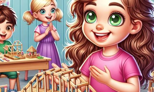 An 8-year-old girl, Lucy, with sparkling green eyes and curly brown hair, smiles proudly as she holds a model bridge made of wooden sticks. She wears a pink t-shirt and blue jeans, her face radiating determination and joy. Next to her, another girl, Emma, also 8, with smooth blonde hair and a purple dress, enthusiastically claps, her eyes shining with excitement. In the background, two boys, Jake and Michael, around 8 years old, look on in surprise, their expressions showing they are impressed by the girls' work. The setting is a bright classroom filled with wooden tables covered in colorful craft materials: craft sticks, glue, scissors, and miniature toys. Posters of art projects decorate the walls, adding a creative touch to the environment. The main scene shows Lucy and Emma, proud of their sturdy bridge, while the other children surround them, admiring their creation. The atmosphere is joyful and collaborative, illustrating gender equality and teamwork.